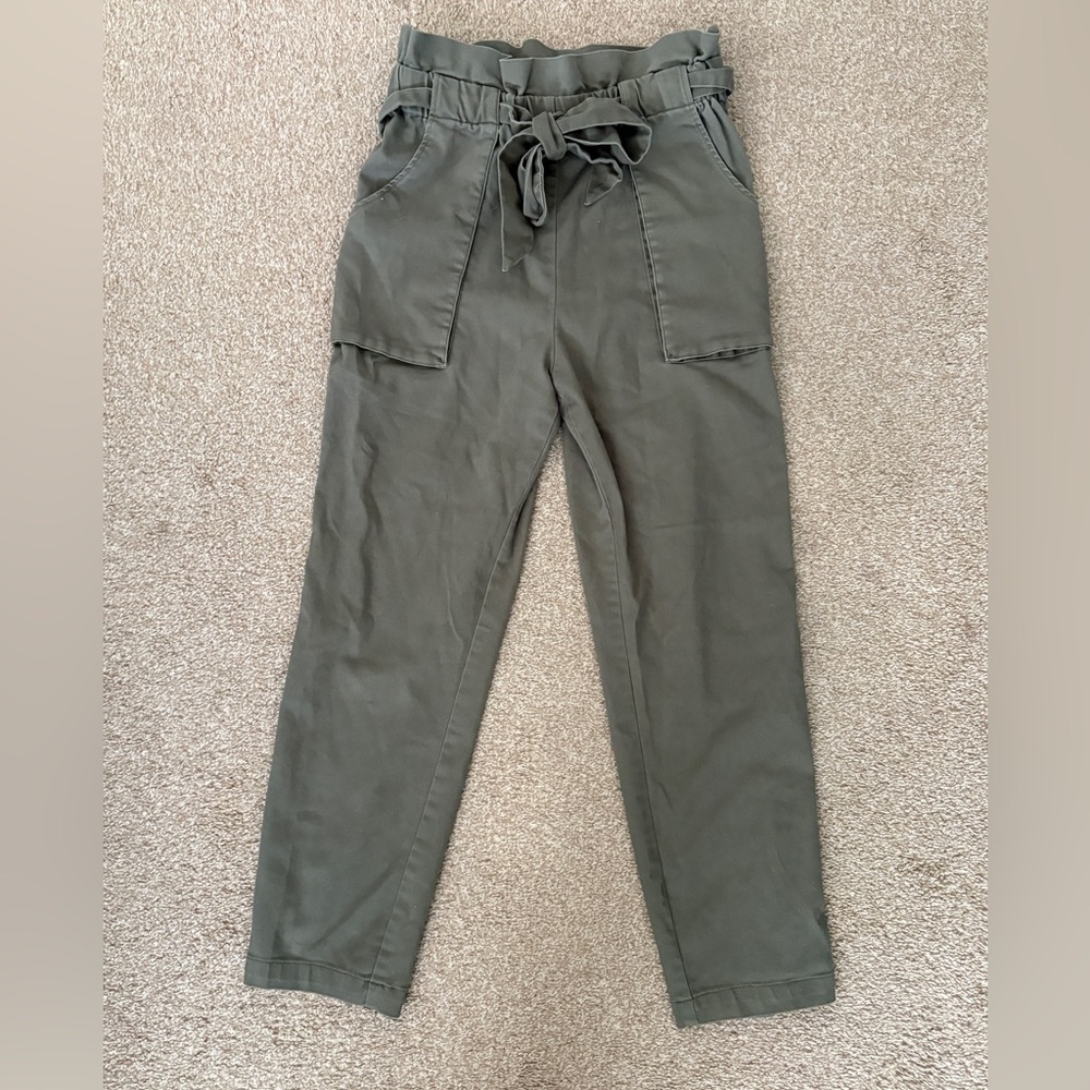 BCBGeneration Olive Twill Cotton Paperbag High Waist Pants - Picture 2 of 7
